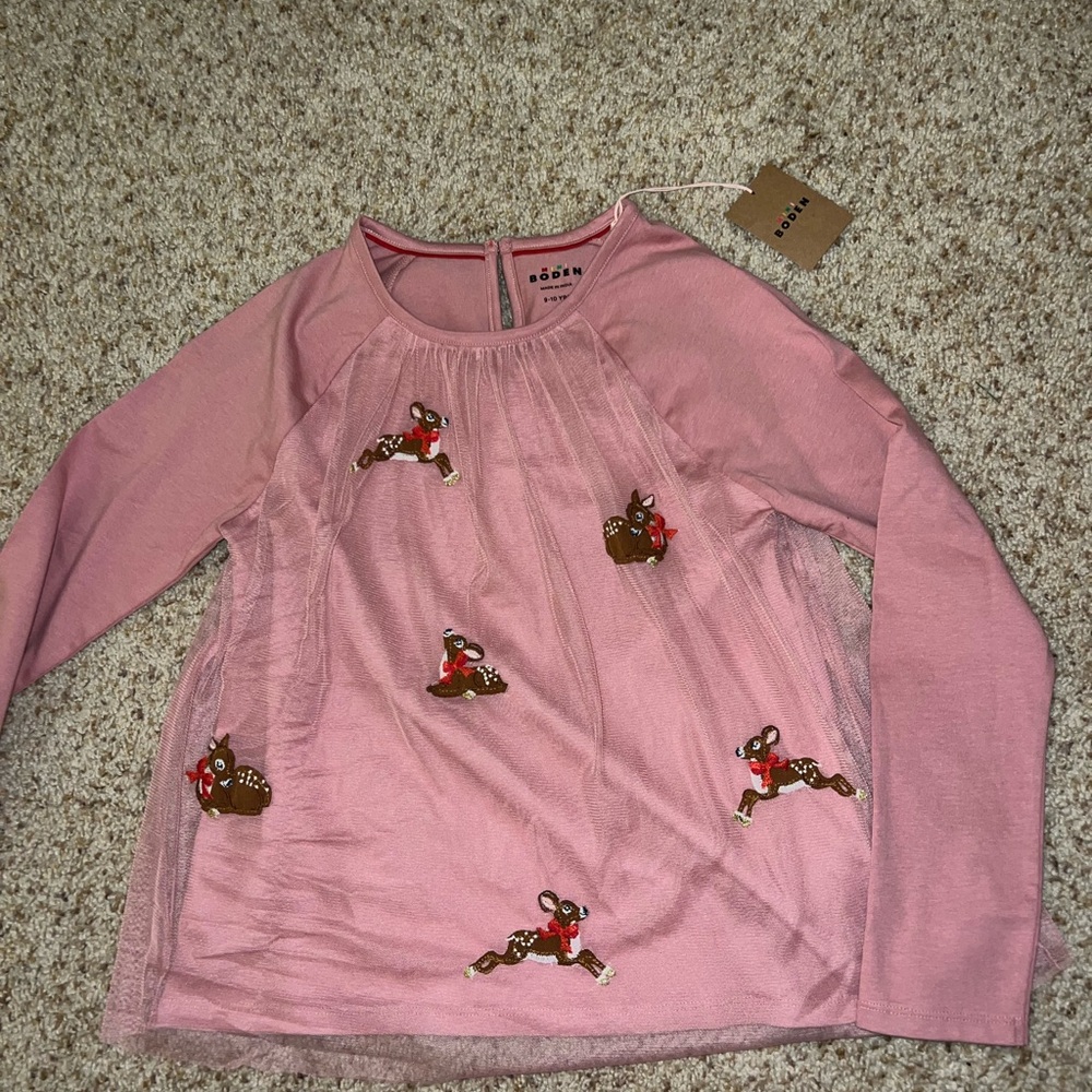 Mini Boden Pink Kids Shirt with Reindeer Embroidery
